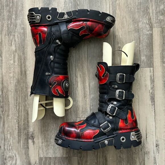 Vintage New Rock Flame Stomper Boots Size 44EU / 10.5/11US Rave Emo Punk Biker - Picture 1 of 8